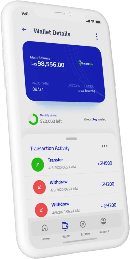 The iSmartPay app open on a phone, showing a wallet balance of GHS 98,556.00 and a list of recent transfers and withdrawals.